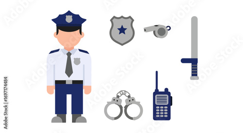 Police Officer and Tools Illustration, Ideal for Educational Materials, Crime Prevention Campaigns, and Children's Safety Guides with Simple Design