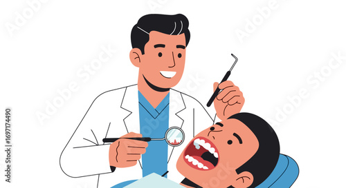 Smiling Dentist Examining Patient's Teeth Illustration, Ideal for Dental Clinic Websites, Brochures, and Educational Materials About Oral Health