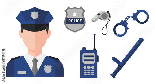 Police Officer Icon Set Illustration, Ideal for Educational Materials, Safety Campaigns, and Law Enforcement Resources, Providing a Visual Representation of Security.