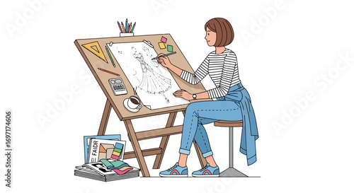 Fashion Designer Illustration, Ideal for Creative Arts Blogs, Fashion Industry Websites, and Educational Resources for Aspiring Designers
