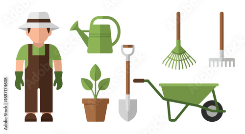 Flat Design Gardening Tools and Gardener Illustration, Suitable for Educational Materials, Garden Center Websites, and Spring Promotion Campaigns