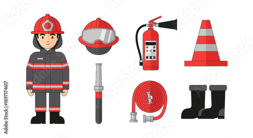 Firefighter Equipment Icon Set in Cartoon Style, Perfect for Educational Materials, Children's Books, and Safety Awareness Campaigns