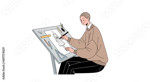 Fashion Designer at Work Illustration, Perfect for Fashion Blogs, Design Tutorials, and Creative Industry Websites and Educational Materials for Fashion Design