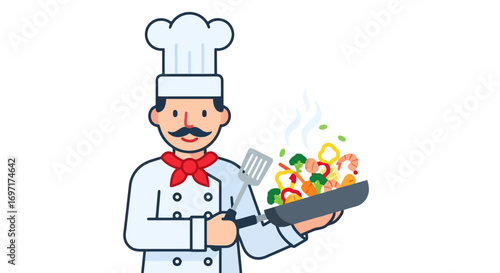 Professional Chef Preparing Delicious Stir-Fry Illustration, Ideal for Culinary Blogs, Restaurant Menus, and Cooking Education Materials