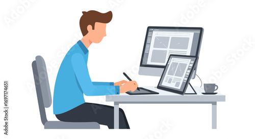 Modern Graphic Designer at Work: A Visual Metaphor for Creative Professions, Ideal for Website Headers, Blog Posts, and Educational Materials