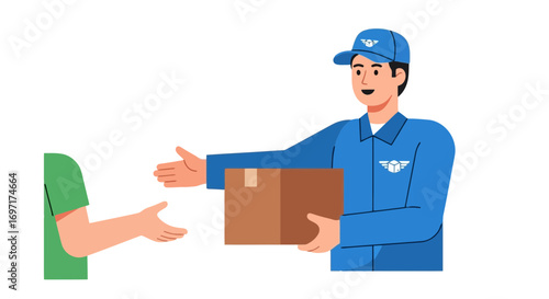 Efficient Delivery Service Illustration Depicting a Courier Handing a Package, Ideal for Websites, Apps, and Marketing Materials Related to Logistics and E-commerce