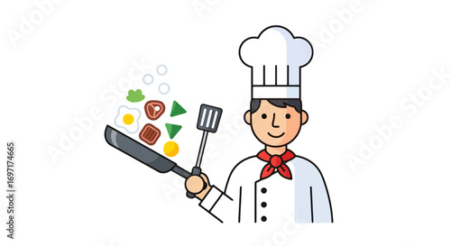 Cheerful Chef Tossing Food in a Pan Illustration, Perfect for Culinary Blogs, Restaurant Menus, and Cooking Education Materials