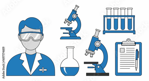 Blue and Gray Science Laboratory Icons Illustration, Ideal for Educational Materials, Websites, and Presentation Backgrounds