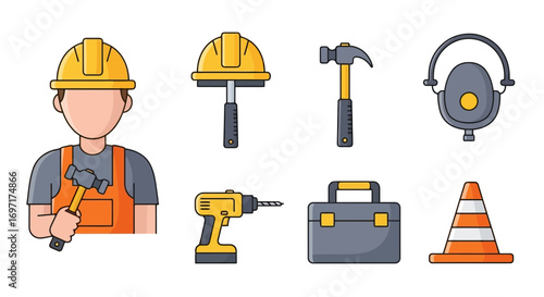 Construction Worker and Tools Vector Illustration, Ideal for Safety Manuals, Educational Materials, and Construction Industry Presentations