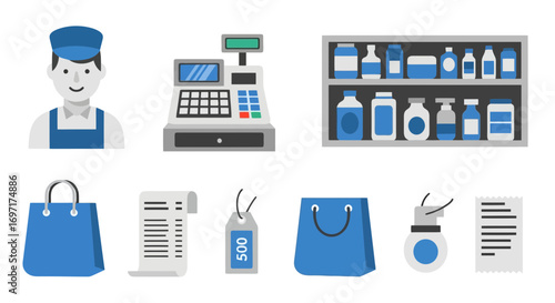 Grocery store elements in flat design style for illustrating retail scenes, online shopping platforms, and store management software interfaces
