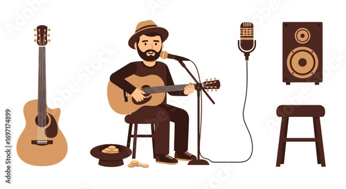 Cartoon illustration of a street musician playing guitar and singing, ideal for use in music education, promotional materials, or event flyers.
