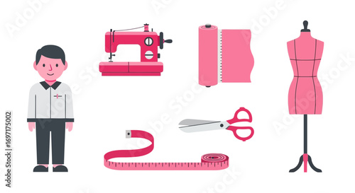 Sewing tools and tailor design elements, including a sewing machine, mannequin, fabric, and tailor for fashion design and creative projects