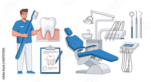 Dental clinic equipment and dentist illustration showcasing oral hygiene and teeth care for dental health promotion and educational materials