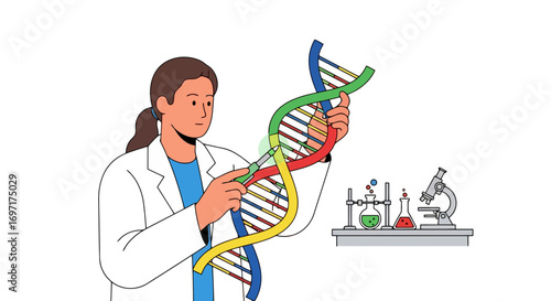 Scientist examining dna structure for genetic research and biotechnology advancements, suitable for educational materials, scientific publications, and medical illustrations.