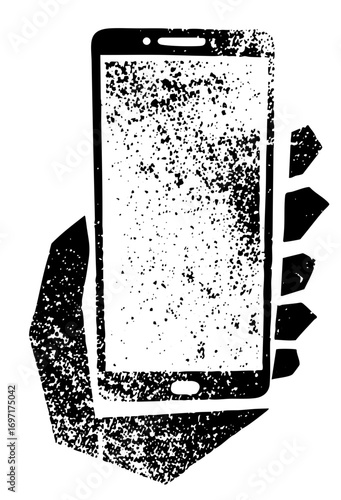 Vector Distressed smartphone held by a hand with shattered screen.