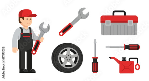 Cartoon mechanic character with tools and equipment, ideal for illustrating automotive repair services, garage workshops, or vehicle maintenance tutorials