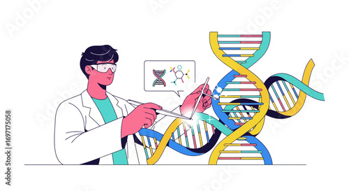 Scientist examining DNA strands in laboratory for genetic engineering, research and development, or pharmaceutical innovation projects.