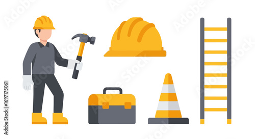 Construction worker illustration with tools and safety equipment. Suitable for safety infographics, construction company websites and educational safety materials.
