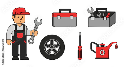 Mechanic cartoon character with tools and equipment for vehicle repair, maintenance, and service. Suitable for automotive industry illustrations and educational resources.