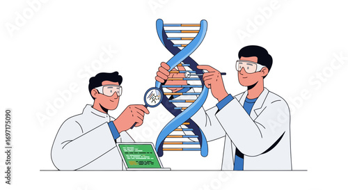 Scientists examining DNA structure with magnifying glass and digital display, for use in scientific research, educational resources, or biotechnology presentations