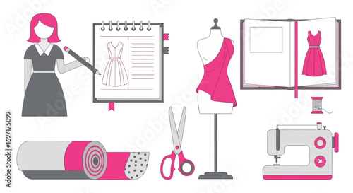 Fashion design process illustration showcasing sketching, pattern making, draping, and sewing. Ideal for fashion blogs, educational materials, or marketing for sewing supplies.
