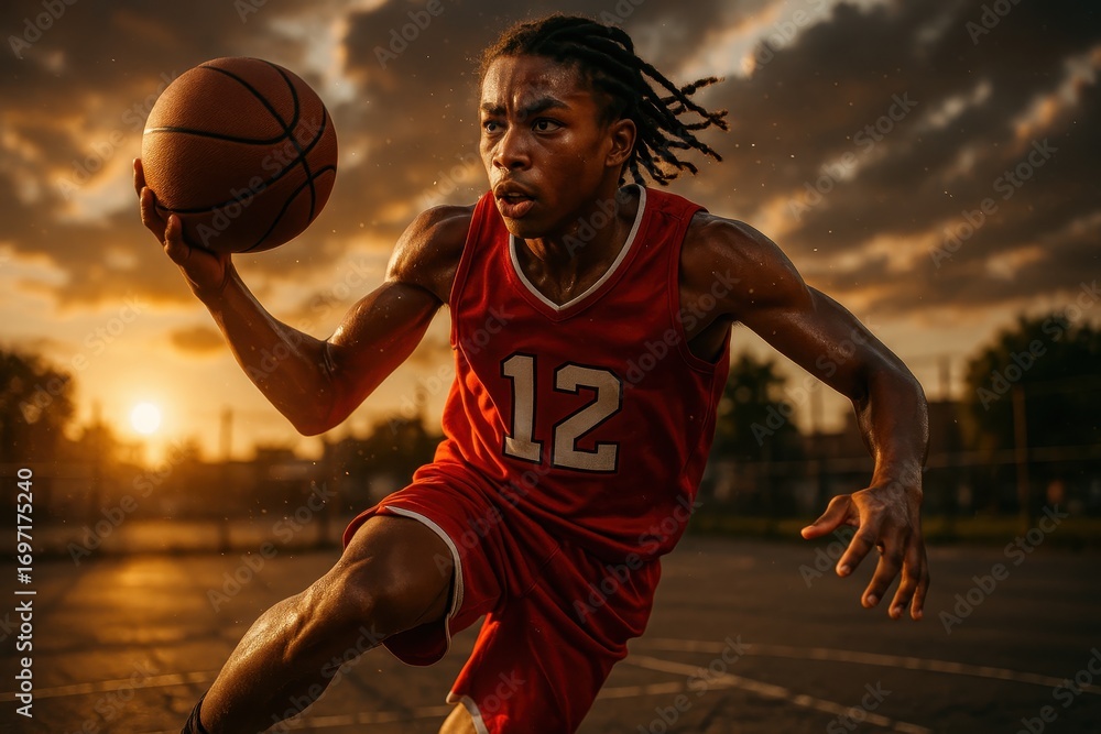 Naklejka premium Athletic young Black female point guard leaping for a clutch layup on an outdoor court at sunset with motion blur vibrant red uniform and gritty realism