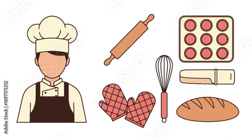 Vector illustration of a baker and baking utensils for culinary projects and educational resources focusing on bakery, cooking, and food preparation