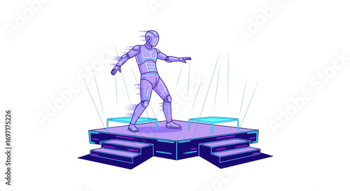 Stylized illustration of a futuristic humanoid robot performing on a stage with vibrant purple and blue lighting effects, perfect for technology events.