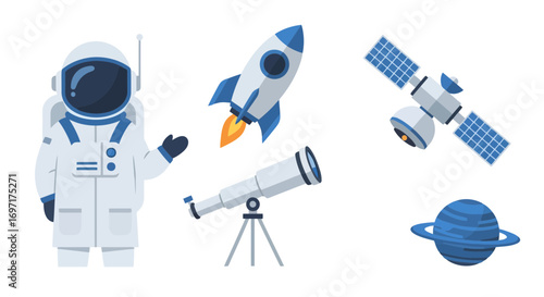 Space exploration illustration featuring an astronaut, rocket, satellite, telescope, and planet. Ideal for educational materials, children's books, or science projects.