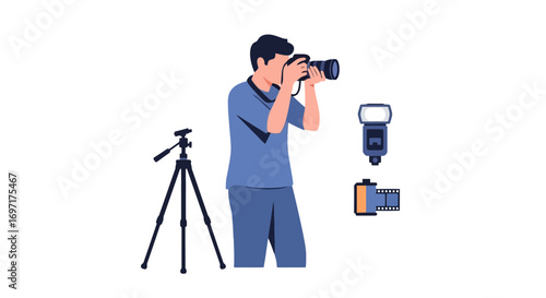 Illustrated depiction of a photographer in action with camera, tripod, flash and an additional camera body, suitable for photography blogs or promotional materials