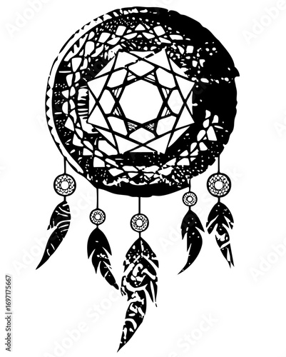 Vector Intricate black dreamcatcher with feathers and geometric .