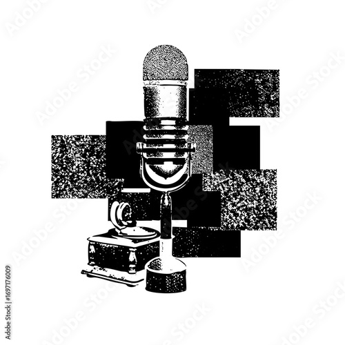 Vector Vintage microphone and record player with abstract shapes.