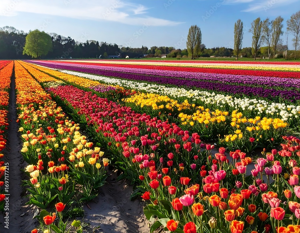 Fototapeta premium Vibrant tulip field under a bright sky