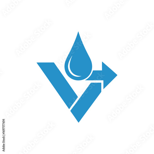 Blue logo featuring a water droplet and arrow, symbolizing fluid movement and direction