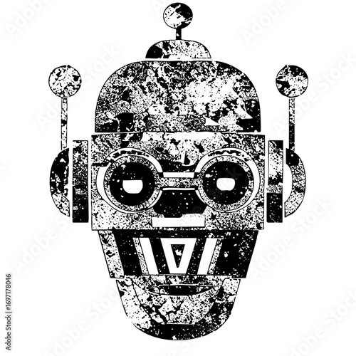Vector Distressed robotic skull with antenna details.