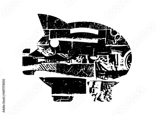Vector Abstract piggy bank in distressed monochrome style.