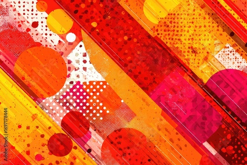 Vibrant abstract pattern with diagonal stripes, circles, and geometric shapes in warm, bold colors
