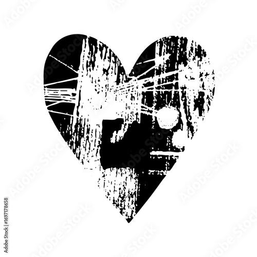 Vector Heart-shaped portrait showcases a womans face in a distressed style.