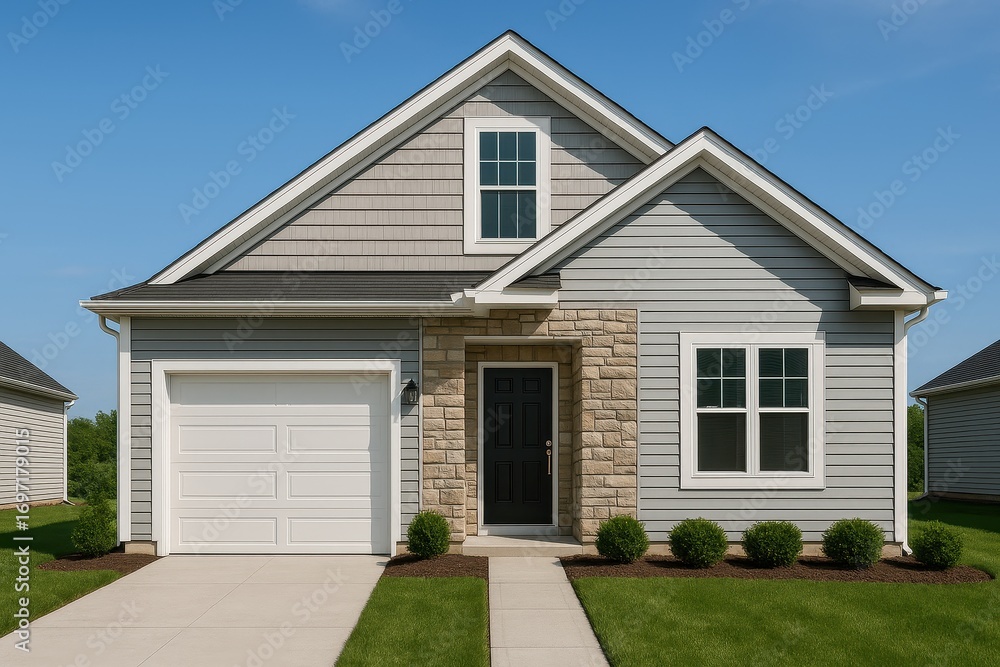 Obraz premium Contemporary home with natural stone facade light gray siding single car garage and tidy shrubs modern neighborhood curb appeal