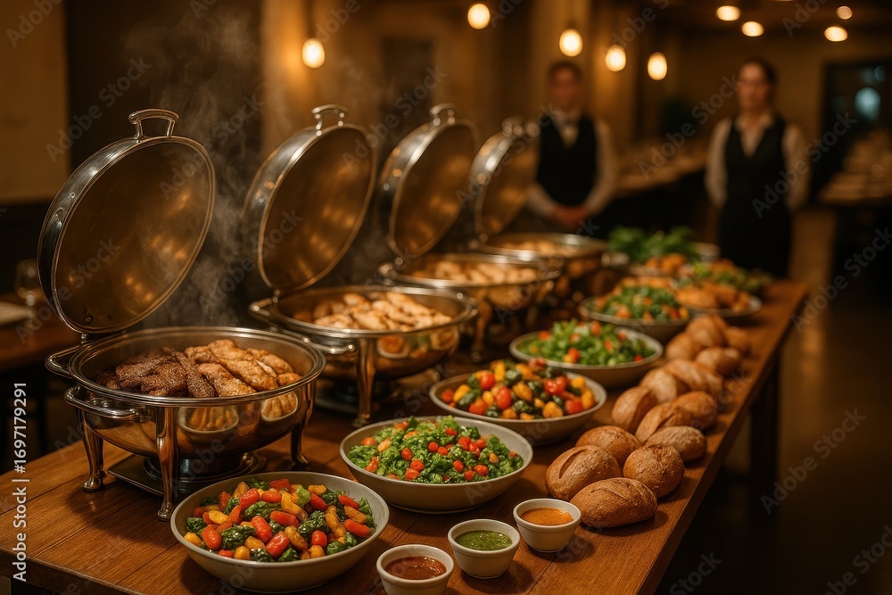 Fototapeta premium Elegant restaurant buffet service with stainless chafing dishes grilled meats seasonal salads and artisanal breads under warm ambient lighting