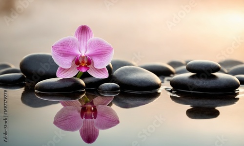 Serene pink orchid and smooth black stones create a peaceful spa and wellness scene
