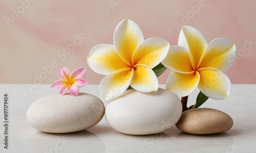Serene spa arrangement with blooming plumeria flowers and smooth balancing stones for ultimate relaxation