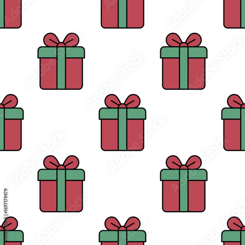Seamless pattern of colorful gift boxes, perfect for various festive themes. The gifts are wrapped with ribbons