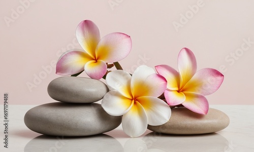 Serene spa scene with delicate plumeria flowers and smooth balancing stones evoking tranquility and wellness