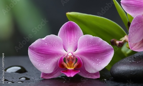 Delicate pink orchid with water droplets, symbolizing tranquility and natural beauty for spa or wellness themes.