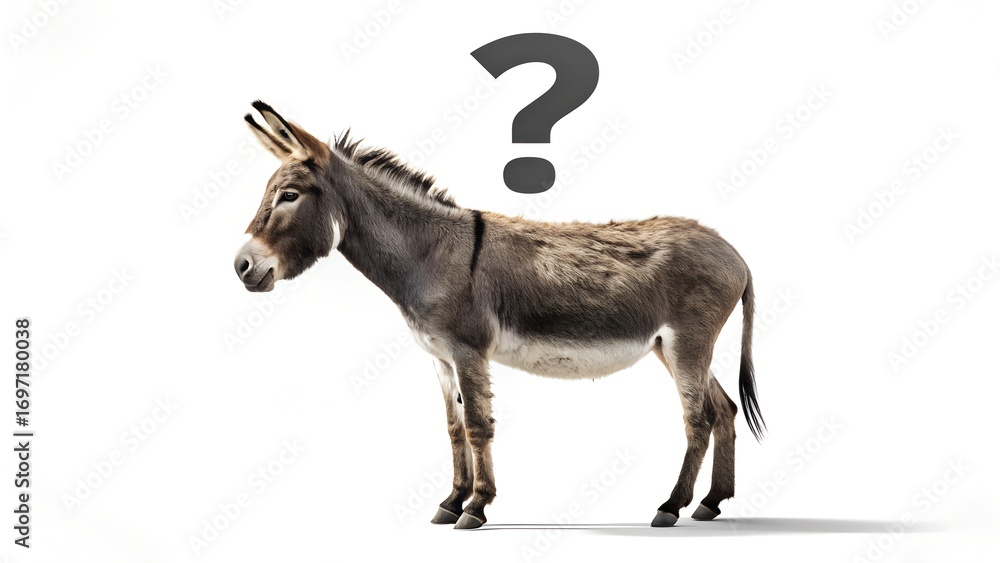 Fototapeta premium Realistic donkey with question mark over its head – white background, symbol of doubt or reflection