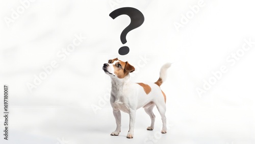 Realistic dog with question mark above its head – white background, symbol of doubt or reflection