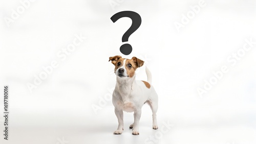 Realistic dog with question mark above its head – white background, symbol of doubt or reflection