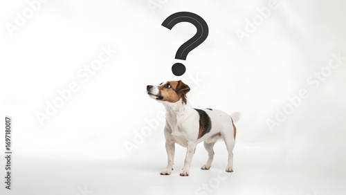 Realistic dog with question mark above its head – white background, symbol of doubt or reflection