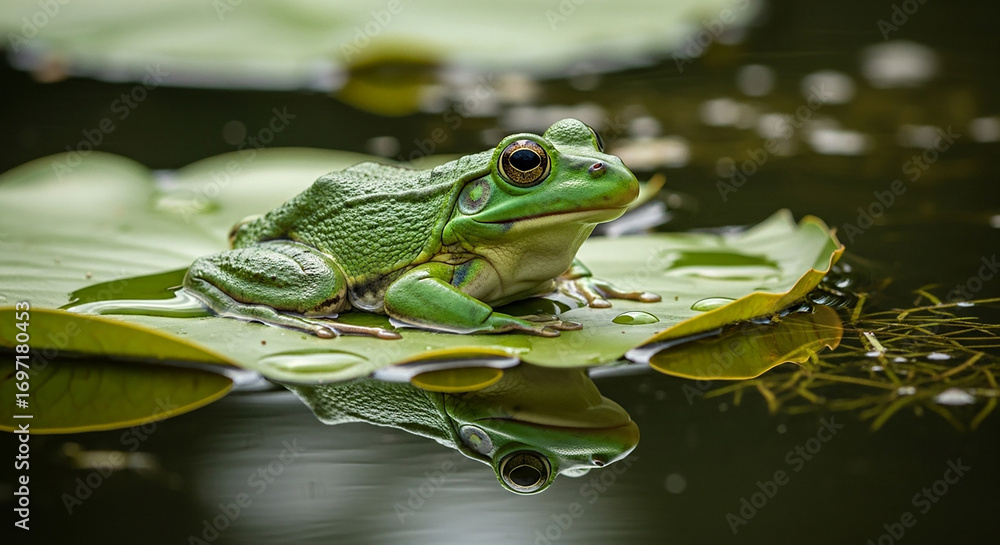 Obraz premium Green frog resting on water lily pad with reflection